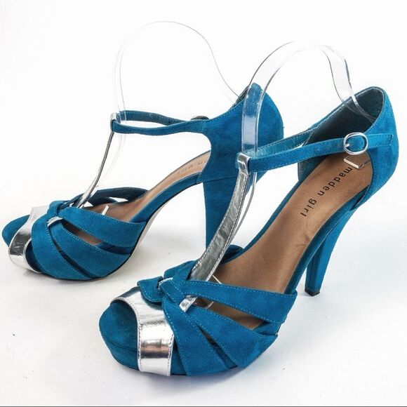 Madden Girl Hopeee Teal/Silver T-Strap Pump Sz 10 - Picture 3 of 11